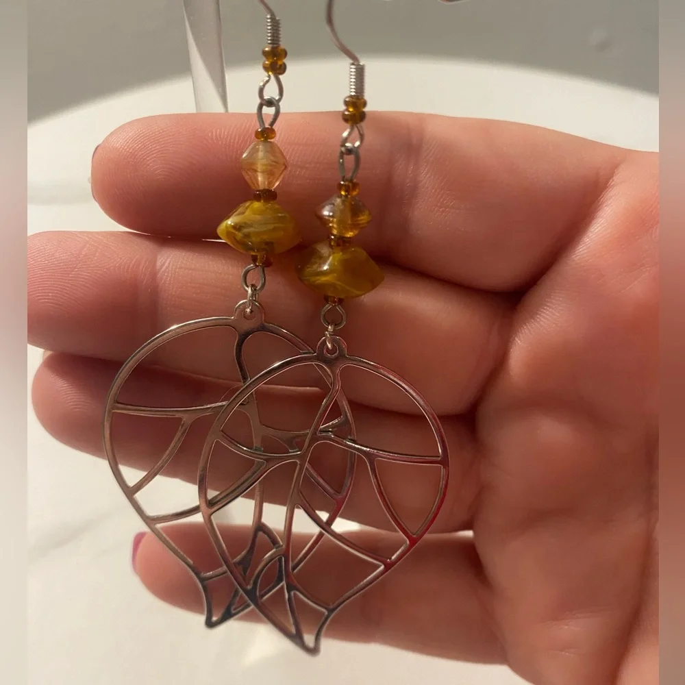 Amber and Glass Leaf Earrings - Picture 5 of 7